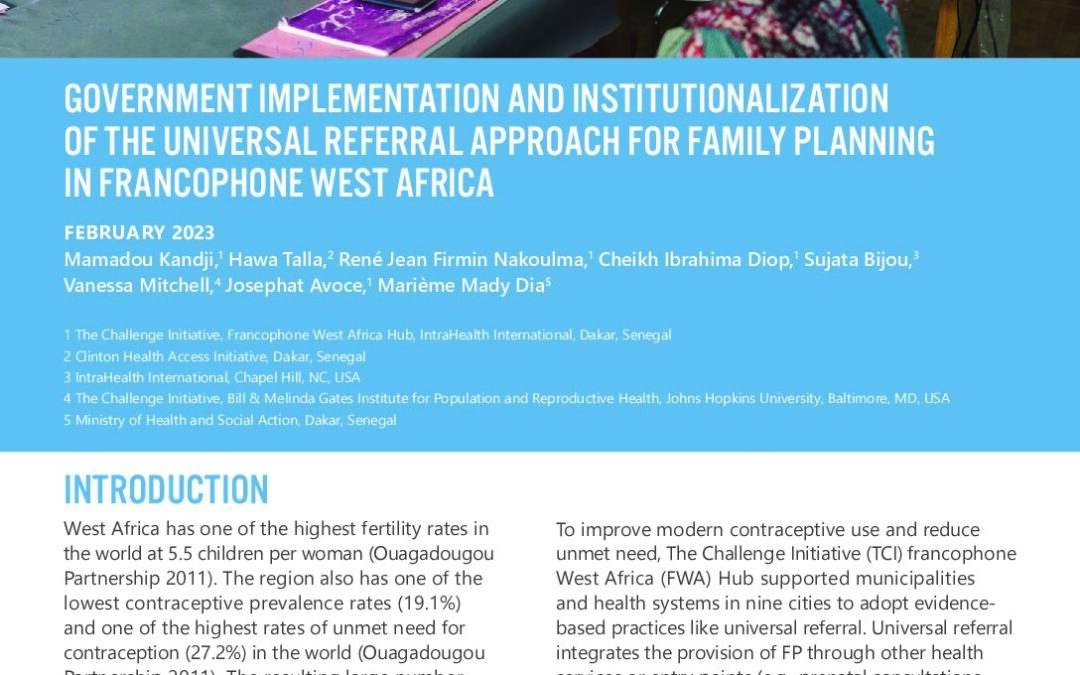Government Implementation and Institutionalization of the Universal Referral Approach for Family Planning in Francophone West Africa