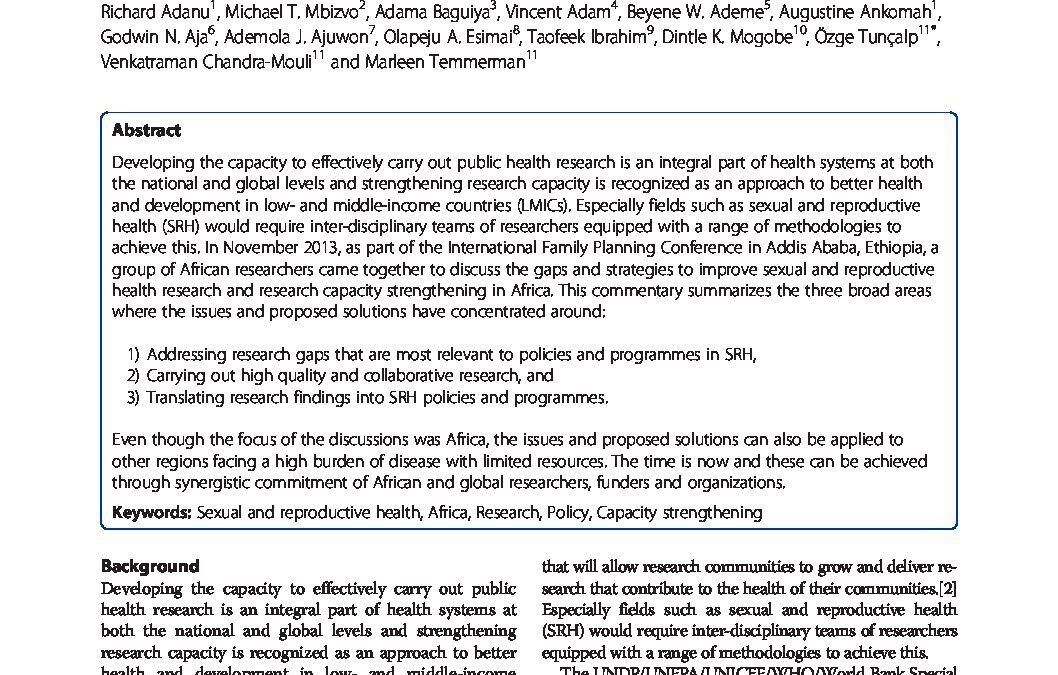 Sexual and Reproductive Health Research and Research Capacity Strengthening in Africa: Perspectives from the region