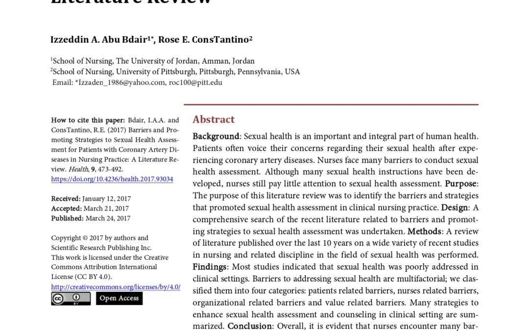 Barriers and Promoting Strategies to Sexual Health Assessment for Patients with Coronary Artery Diseases in Nursing Practice: A Literature Review
