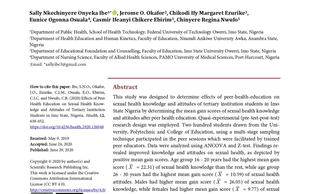 Effects of Peer Health Education on Sexual Health Knowledge and Attitudes of Tertiary Institution Students in Imo State, Nigeria