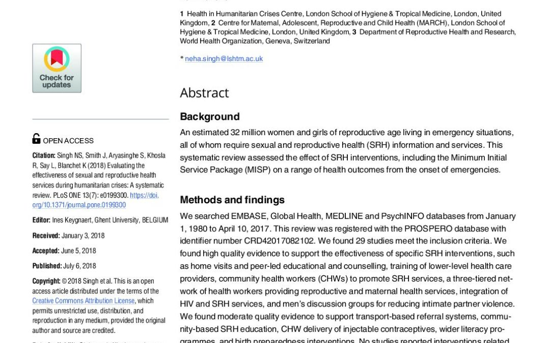 Evaluating the effectiveness of sexual and reproductive health services during humanitarian crises: A systematic review