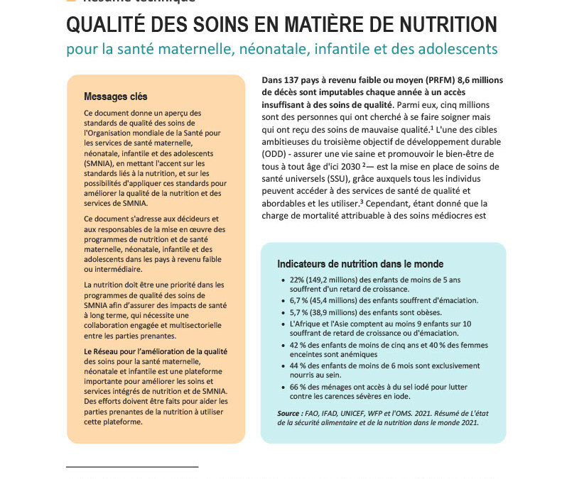 Qualité Des Soins En Matière De Nutrition Pour La Santé Maternelle Néonatale Infantile Et Des Adolescents