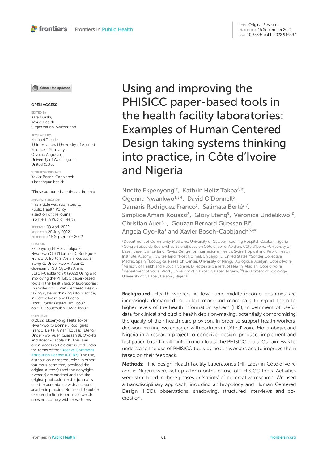 Using and improving the PHISICC paper-based tools in the health facility laboratories: Examples of Human Centered Design taking systems thinking into practice, in Côte d’Ivoire and Nigeria